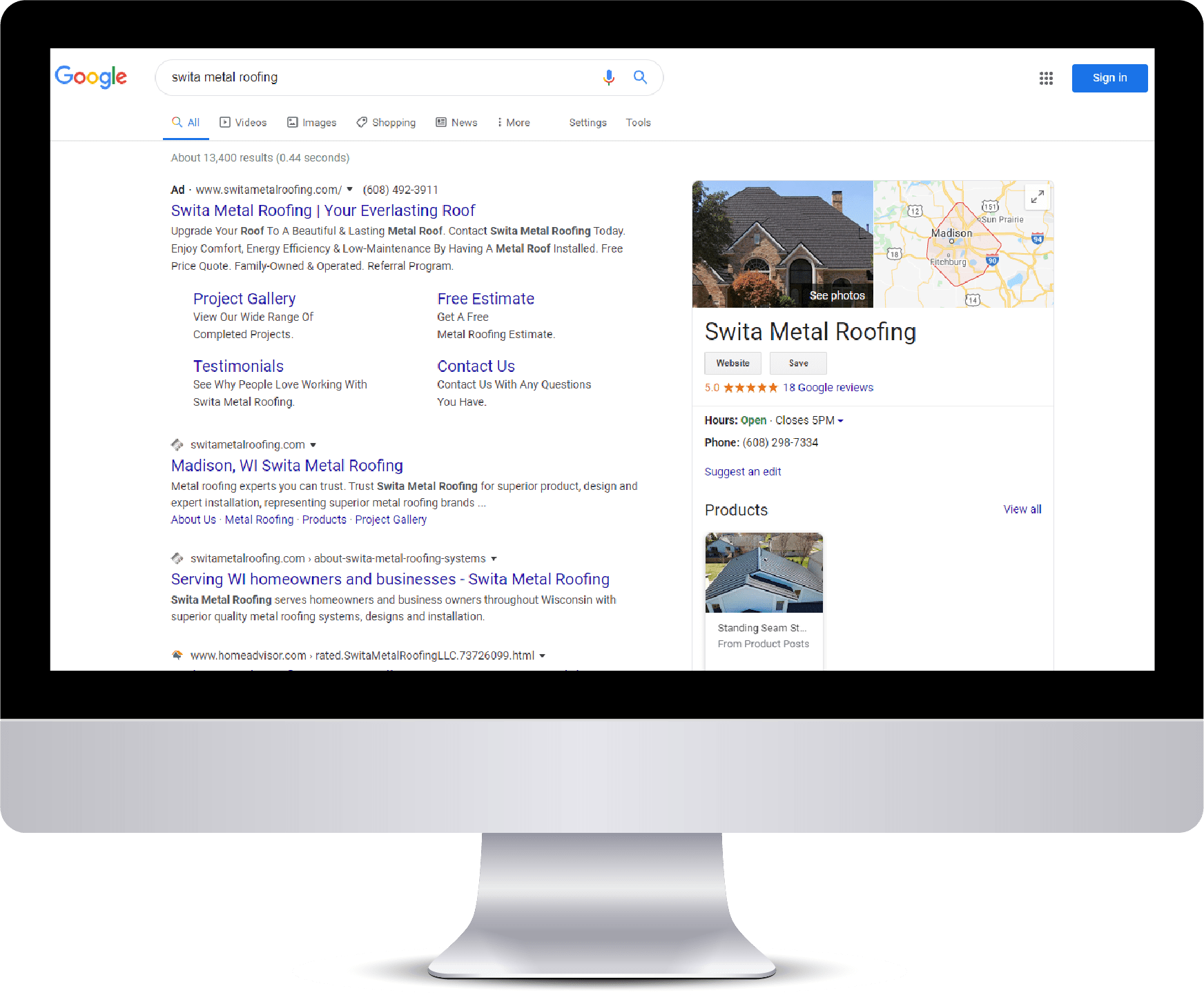 Swita Metal Roofing Google search results on desktop