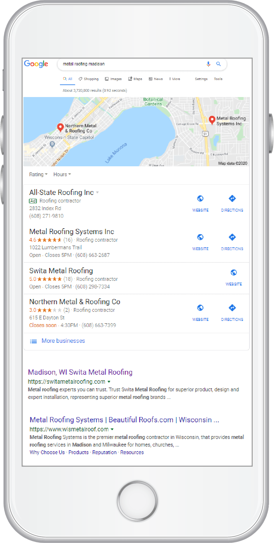 Swita Metal Roofing organic search results on phone